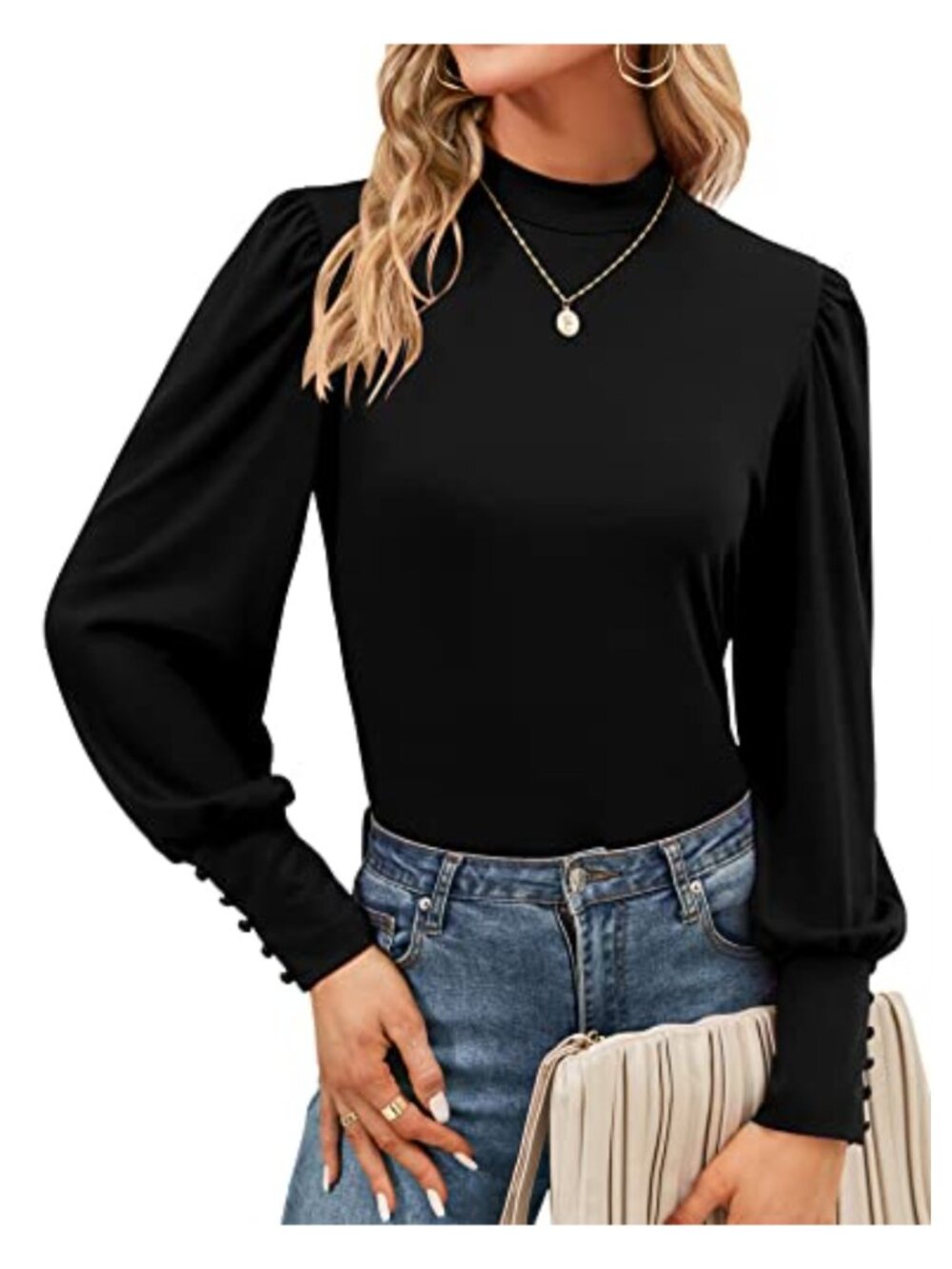 Mock Neck Puff Sleeve Blouse Bishop Sleeve Button Cuff Tunic Top